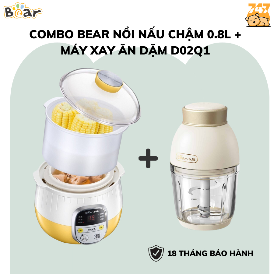 COMBO Nồi nấu chậm cho bé 0.8L Bear, màu vàng + Máy xay thực phẩm Mini màu vàng 0.6L Bear D02Q1, BH 18 tháng