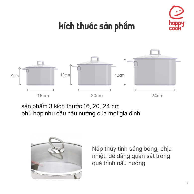 Nồi Inox Cao Cấp 3 Đáy Nắp Kiếng Happy Cook Delux 16cm N16-DLGP