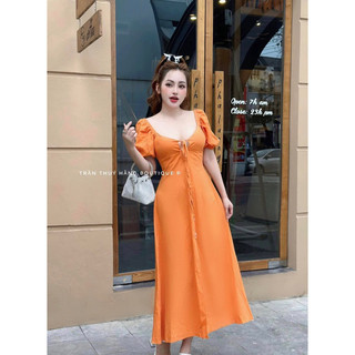 Đầm xoè midi cam nút bọc tk