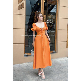 Đầm xoè midi cam nút bọc tk