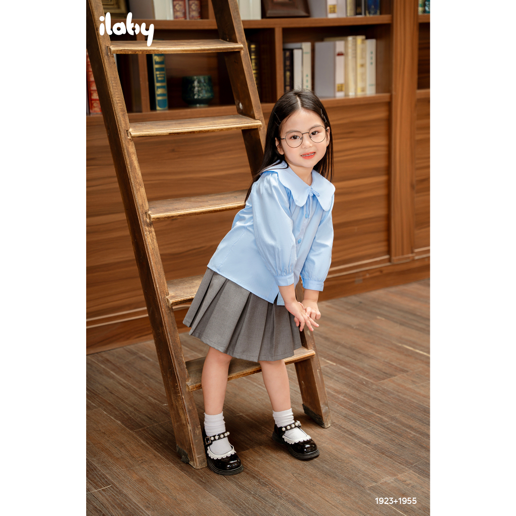 Áo sơ mi đi học dài tay bé gái ILABY cổ cách điệu lượn sóng chất liệu thô lụa cho bé 13-35kg