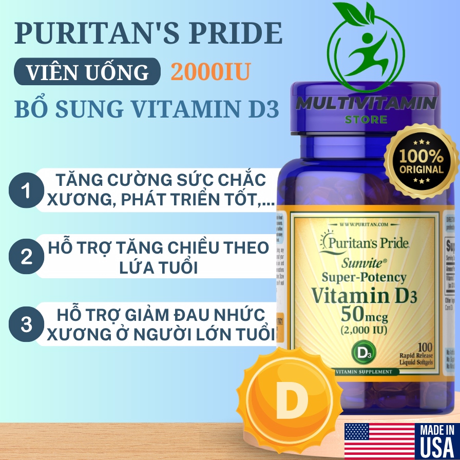 Multivitamin Store - Viên Uống Bổ Sung Vitamin D3 50mcg (2000iu) Puritan’s Pride