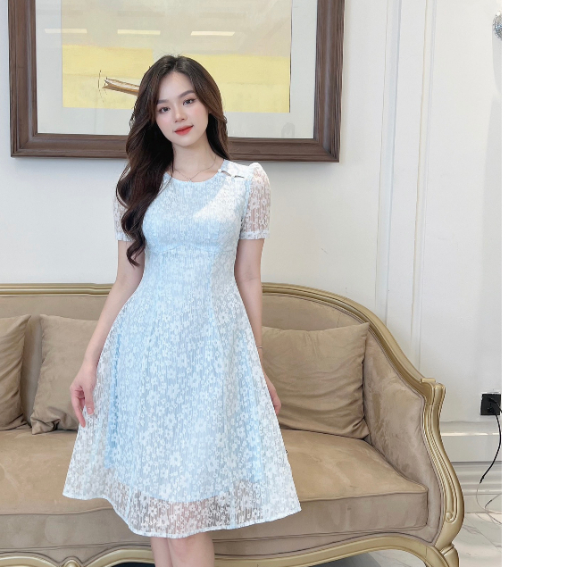 Váy Đầm Xòe Ngắn Tay Họa Tiết Hoa Nhí Màu Xanh Thời Trang Nữ Rosara VA97