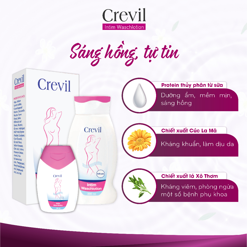 Dung Dịch Vệ Sinh Phụ Nữ Crevil Intim Cân Bằng pH Tự Nhiên, Dưỡng Ẩm Sâu, Dịu Nhẹ