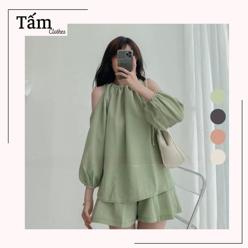 Set áo yếm đũi xốp khoét vai buộc nơ kèm quần sooc lưng chun Tấm Clothes