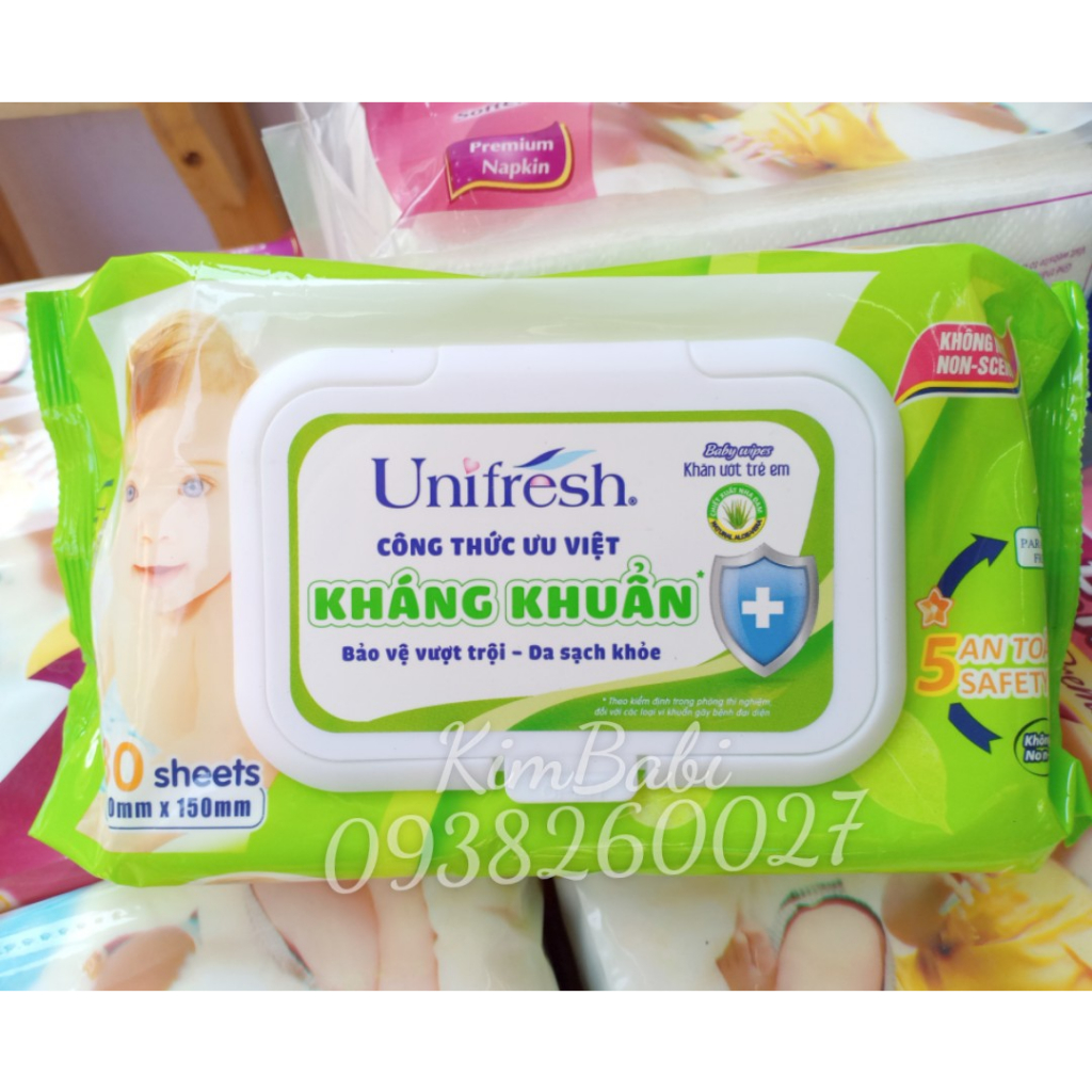 Khăn Ướt Unifresh không mùi Vitamin E và Nha Đam gói 80 tờ