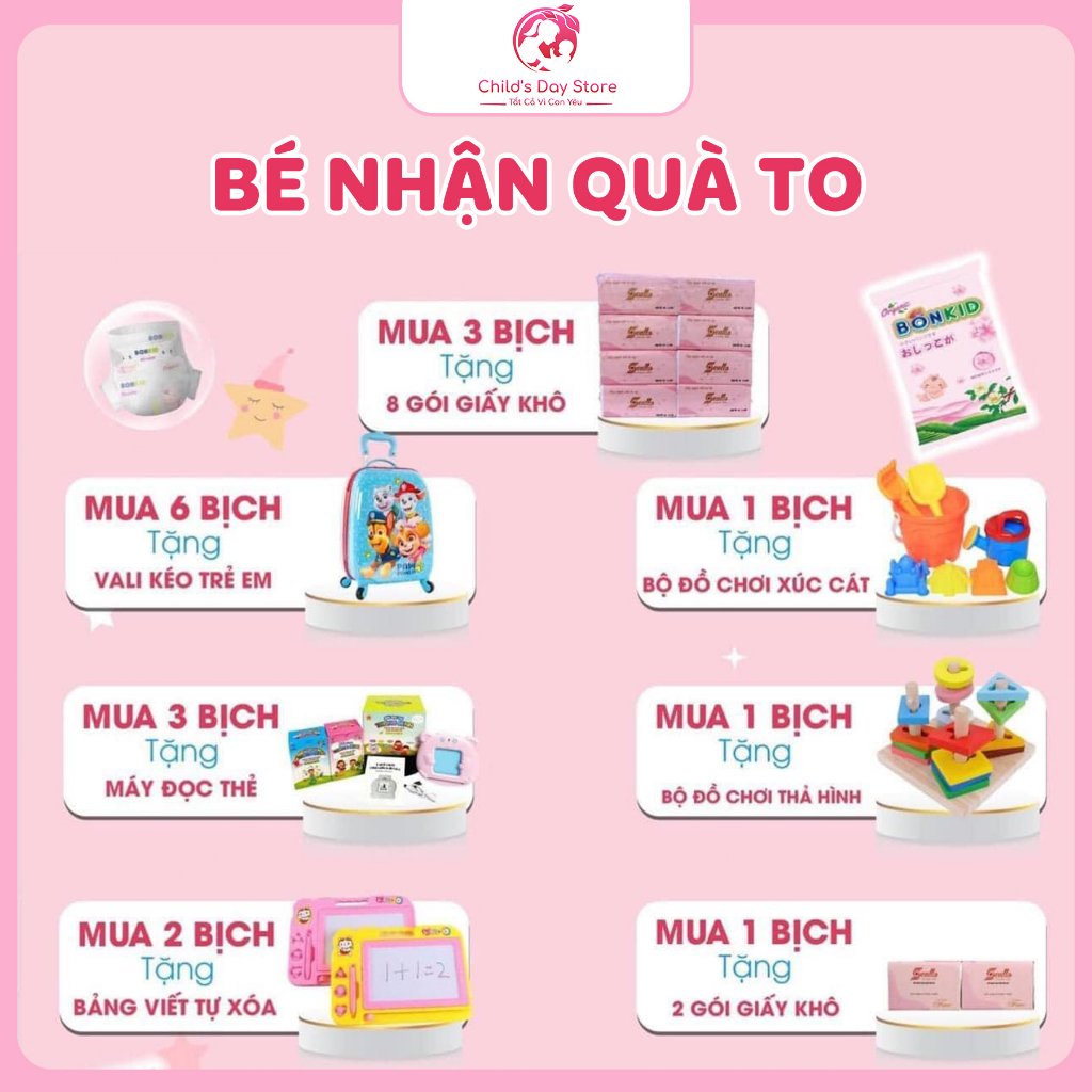 Bỉm dán/quần BonKid Organic hữu cơ size S62,L52,M56,XL48,XXL46,XXXL42 - Childs Day