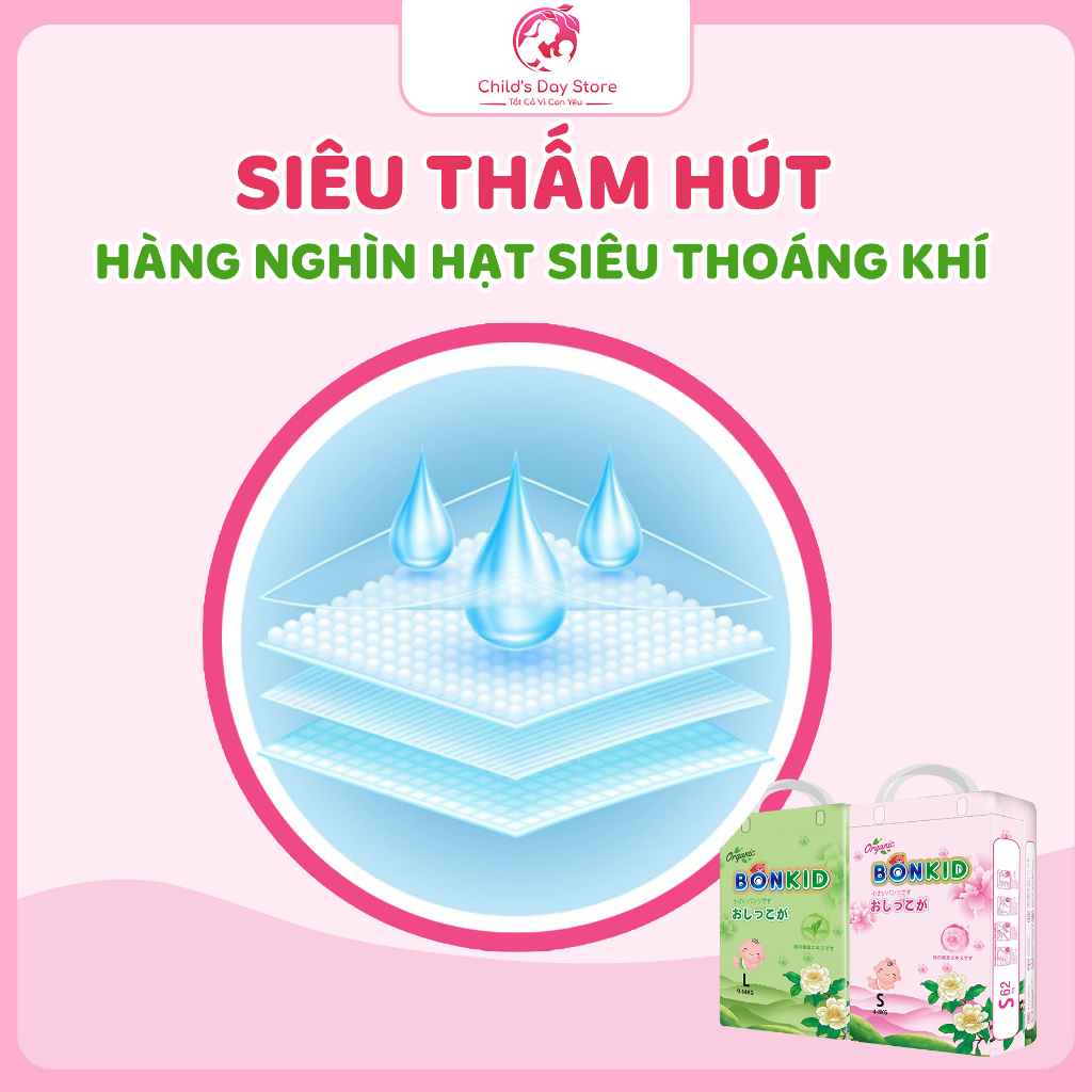 Bỉm dán/quần BonKid Organic hữu cơ size S62,L52,M56,XL48,XXL46,XXXL42 - Childs Day