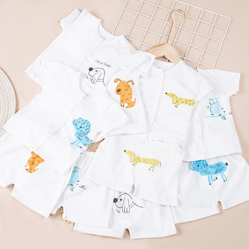 Bộ Tay Ngắn Cài Giữa Trắng In Hoạ Tiết BabyOlala từ 0kg - 11kg