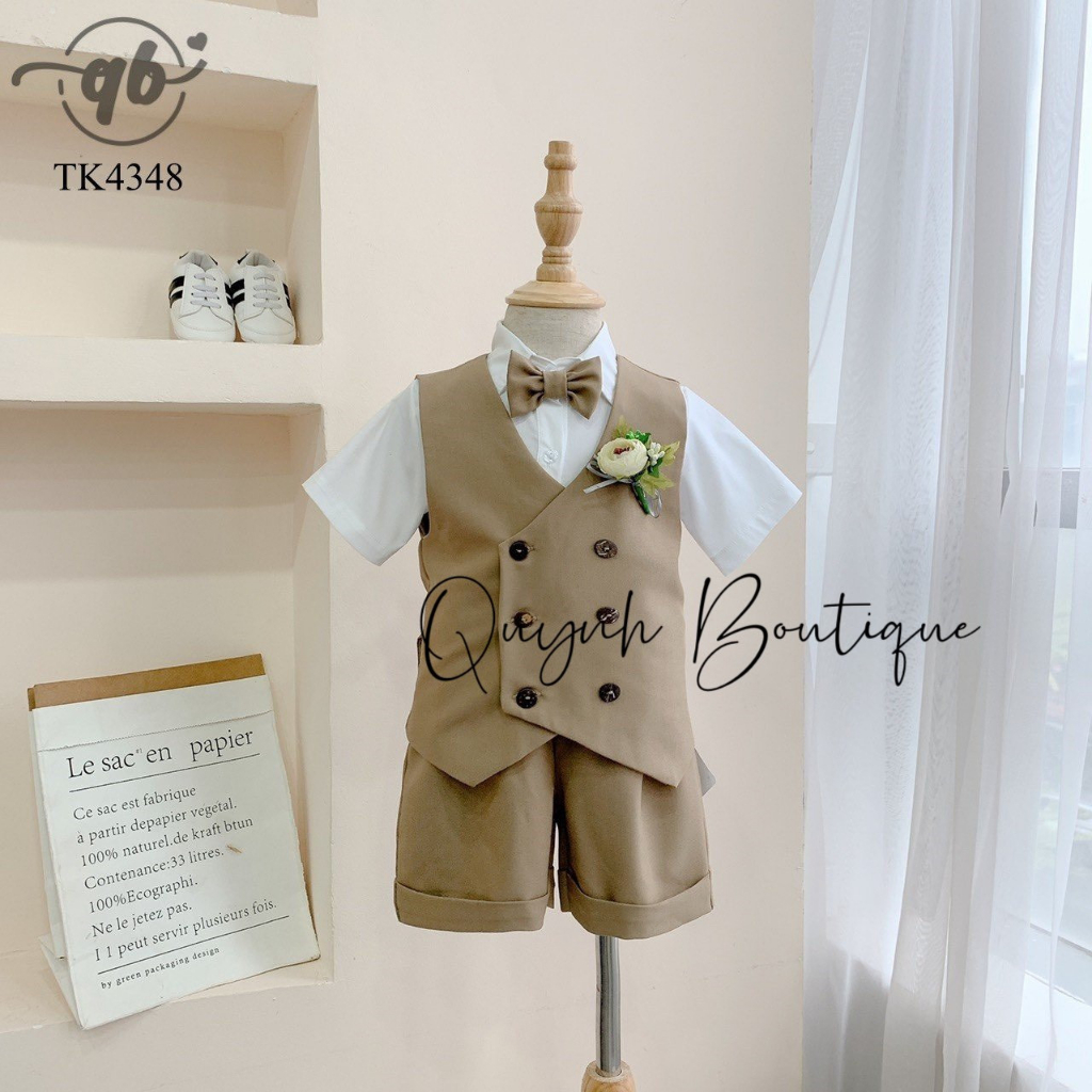 Vest Bé Trai Quỳnh Boutique Set Vest Cộc Lãng Tử Nâu Tây Kèm Áo Sơ Mi Hoa Và Nơ Cài Áo
