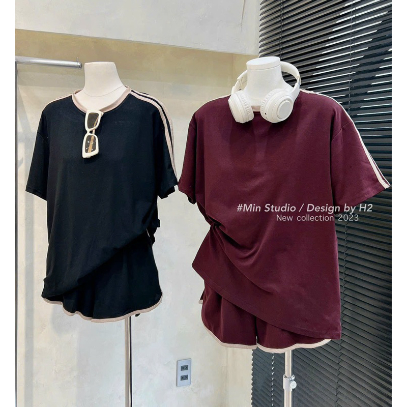 Set áo thun viền sọc kèm quần short