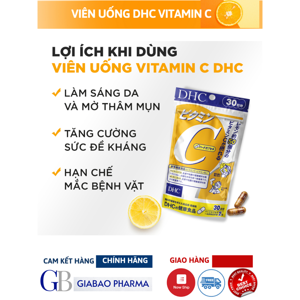 COMBO L cystine 500mg + Vitamin C DHC hỗ trợ trắng da và giảm rụng tóc, giảm mụn (L cystine 60; Vit C gói 30 ngày)