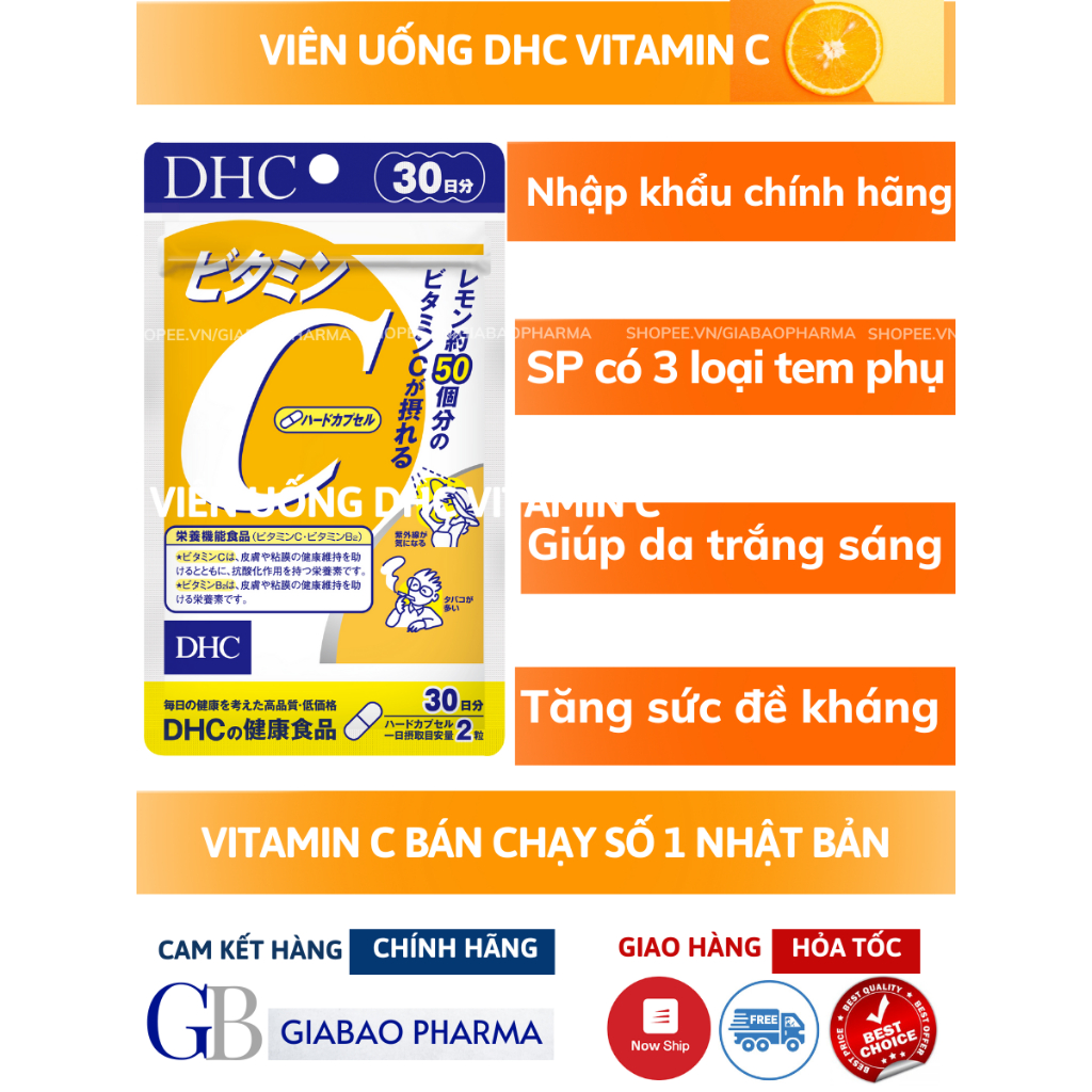 COMBO L cystine 500mg + Vitamin C DHC hỗ trợ trắng da và giảm rụng tóc, giảm mụn (L cystine 60; Vit C gói 30 ngày)