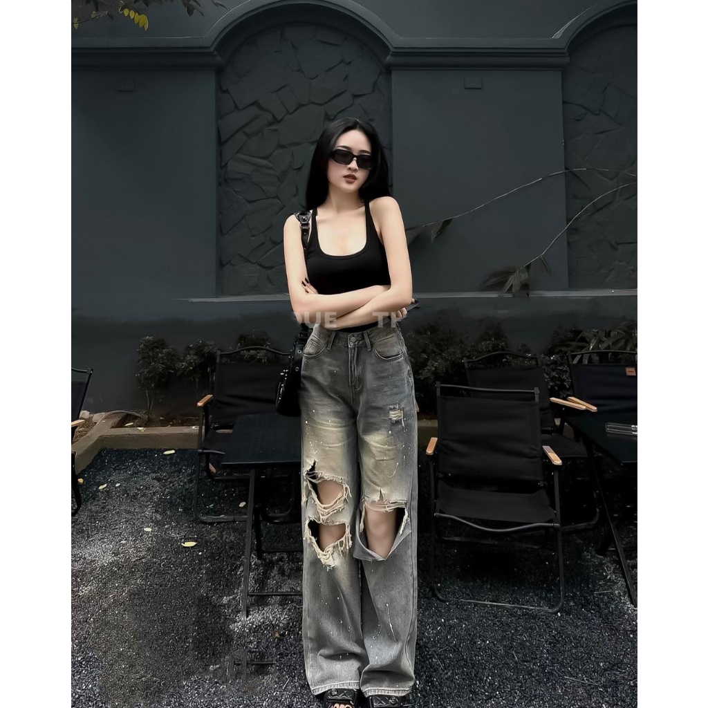Set áo 2 dây hở lưng phối quần bò đính đá rách