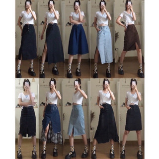 Chân váy jeans dài chốt trên livetrym
