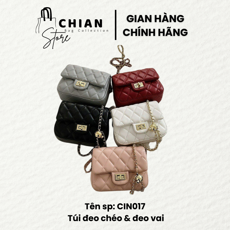 Túi Xách Nữ Đeo Chéo, Đeo Vai Da Trơn Họa Tiết Ô Trám, Phối Dây Xích Có Quả Cầu Lạ Mắt Sang Chảnh CIN017
