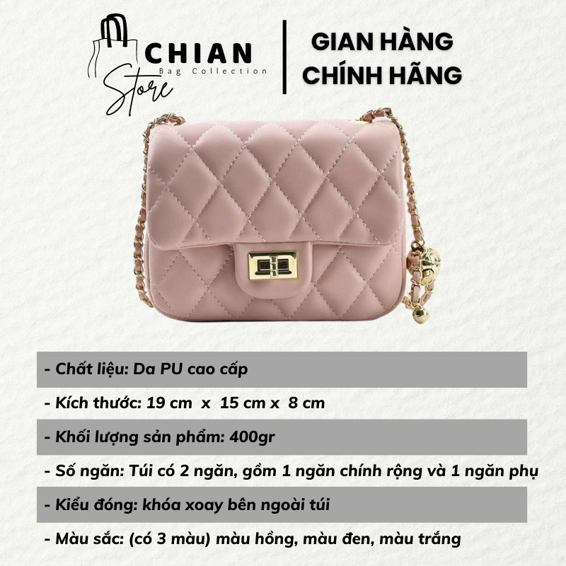 Túi Xách Nữ Đeo Chéo, Đeo Vai Da Trơn Họa Tiết Ô Trám, Phối Dây Xích Có Quả Cầu Lạ Mắt Sang Chảnh CIN017