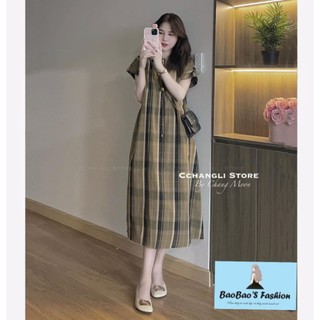 Đầm kẻ dáng dài cổ tròn xinh xắn