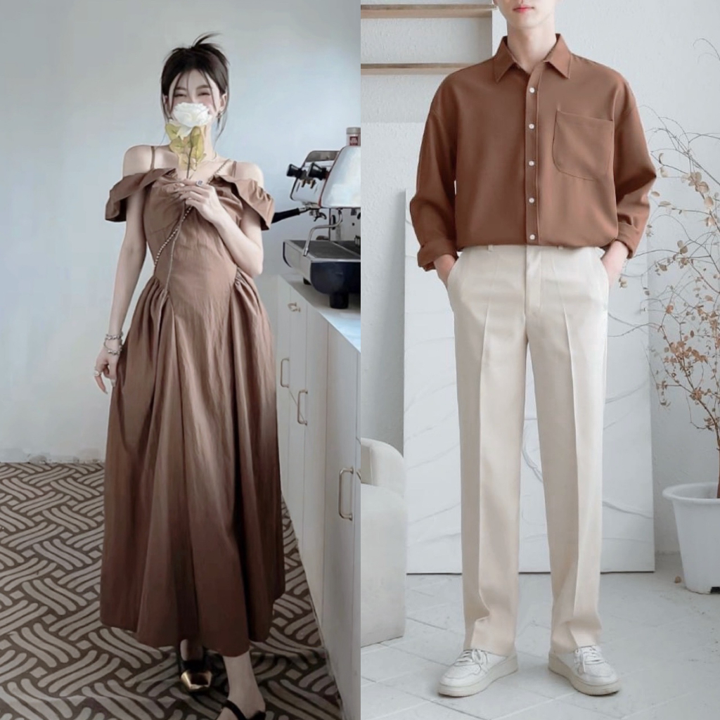 Đồ đôi couple áo sơ mi nam - đầm nữ nâu thời trang Miamo MO71