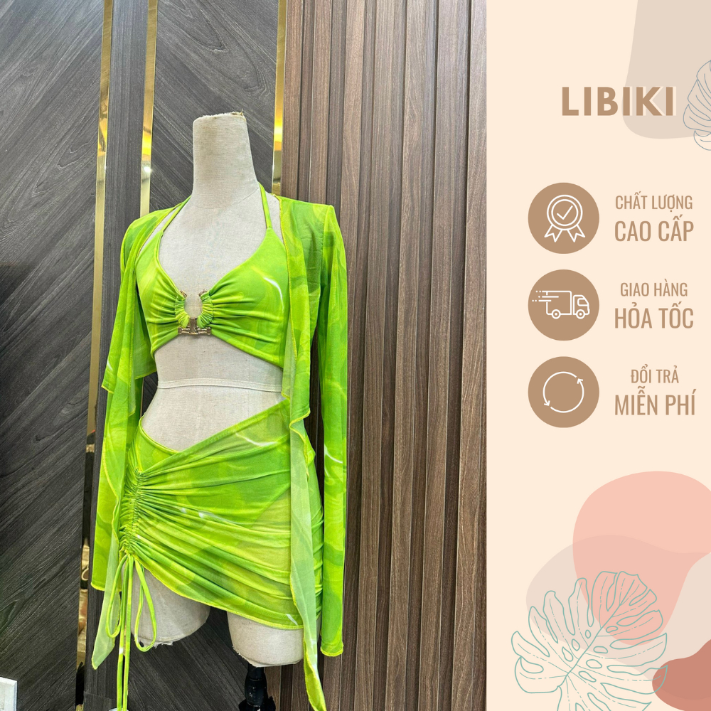 Set bikini loang xanh 4 chi tiết có áo nhỏ, áo dài tay buộc dây, quần chip, chân váy díp - Libiki
