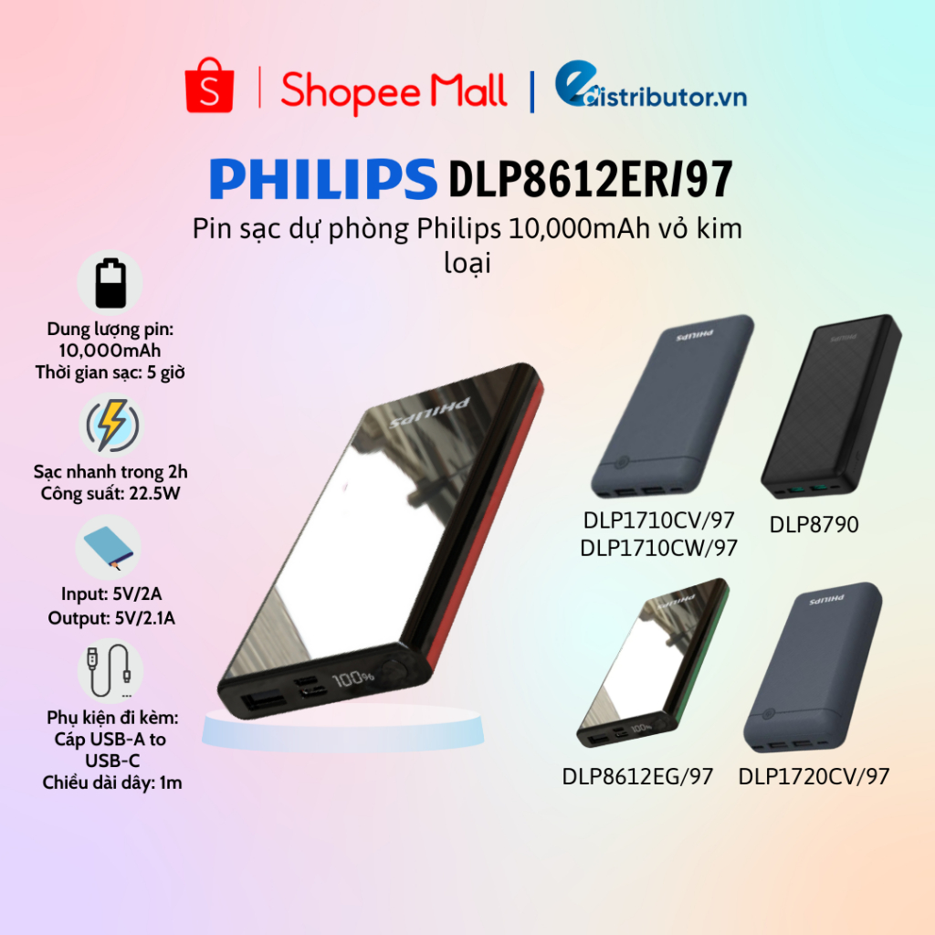 Pin sạc dự phòng Philips 10,000mAh vỏ kim loại - 20,000mAh - 100% chính hãng