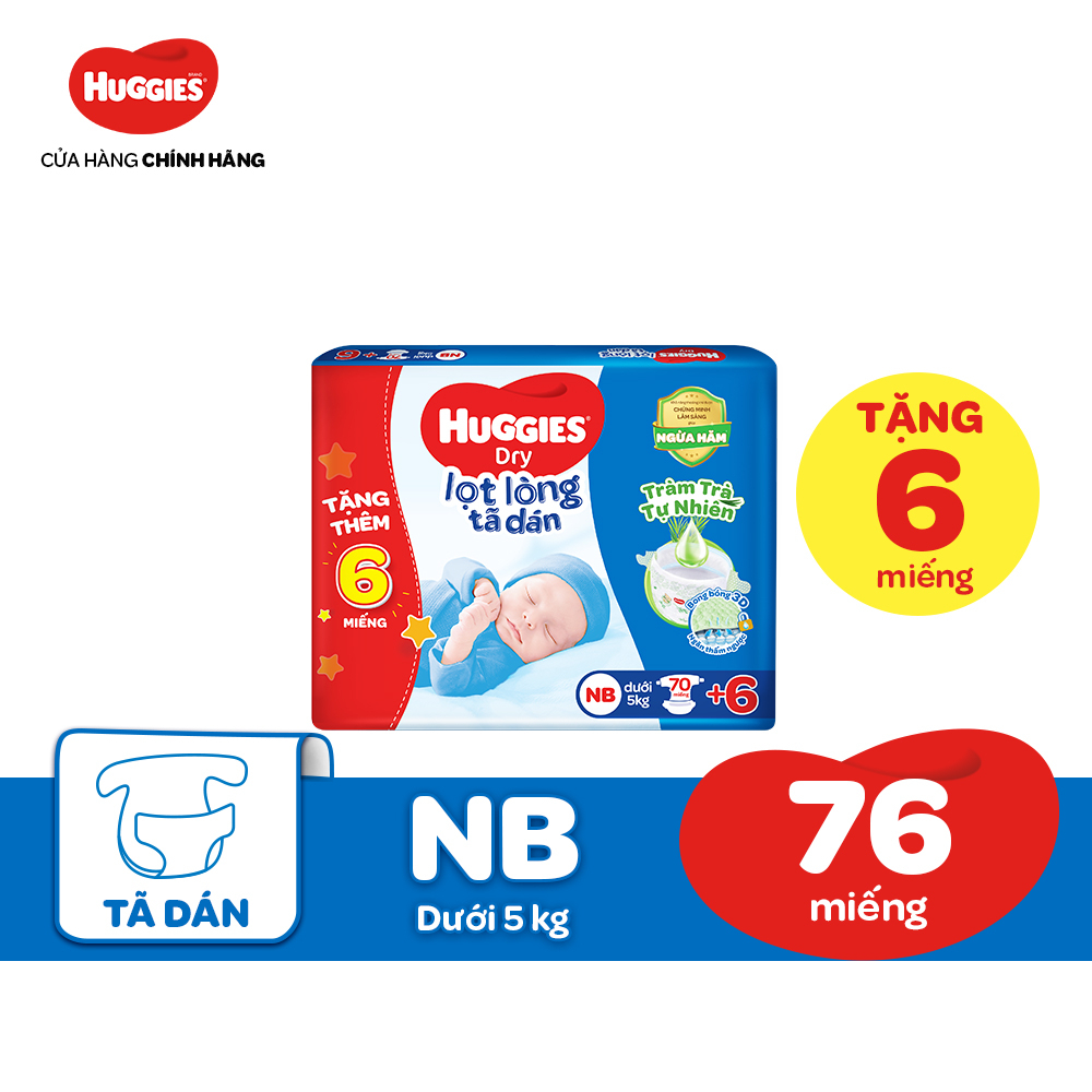 Tã dán lọt lòng Huggies Dry NB 70 miếng + tặng 6 miếng:Chính Hãng