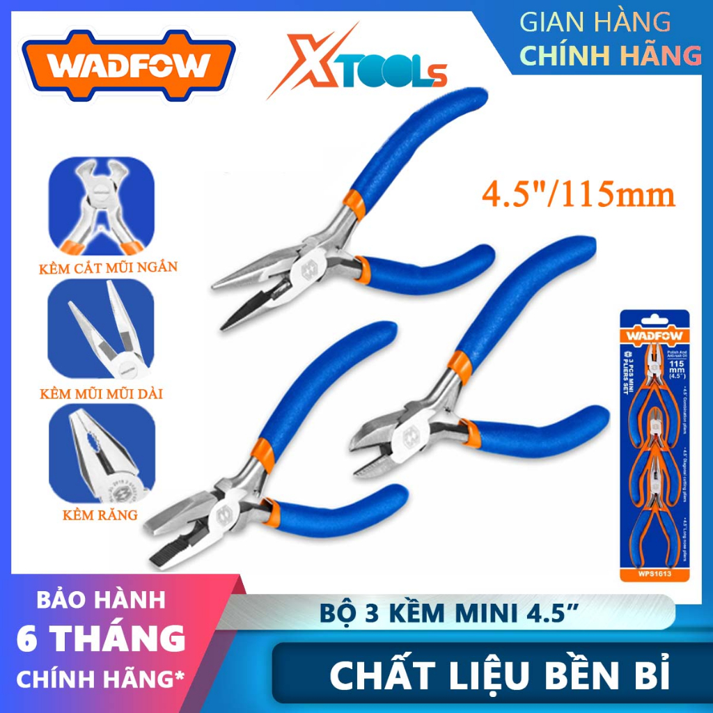Bộ 3 kềm mini WADFOW WPS1613 kích thước 4.5"/115mm, tay cầm nhựa, đầu kềm phủ dầu bóng chống gỉ - chính hãng