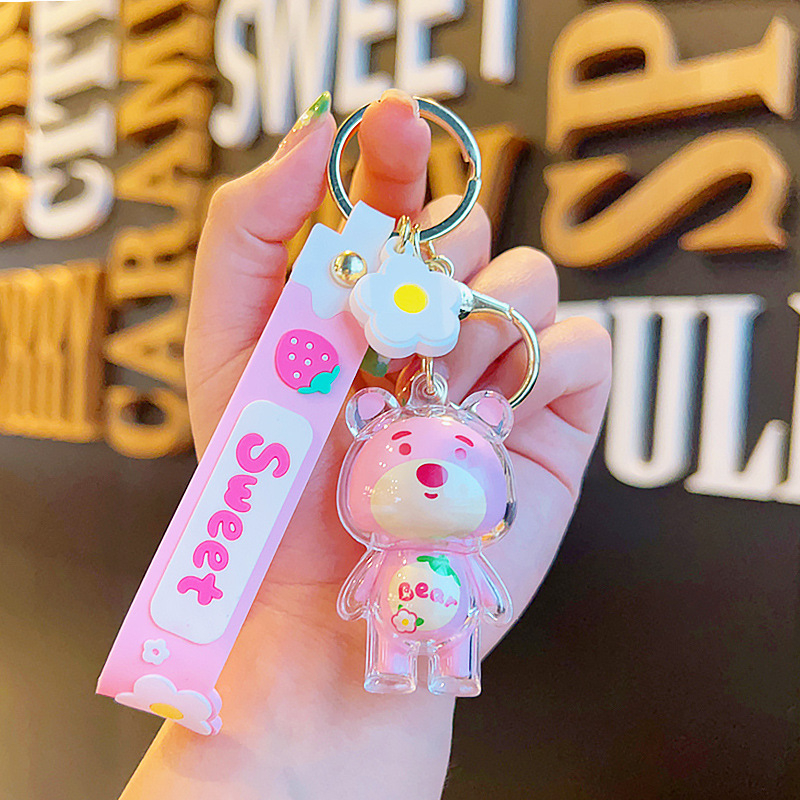 Móc khóa gấu hồng bọc silicon, móc khóa cute treo balo, chìa khóa