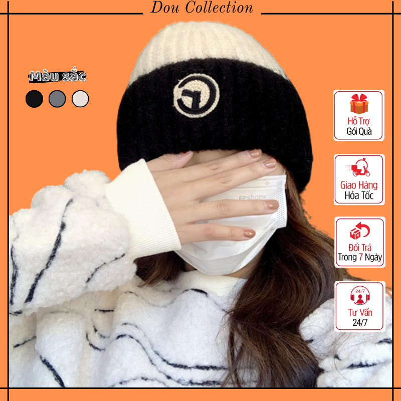 Mũ len unisex nam nữ, Nón len chất dày dặn họa tiết trơn vành phối màu kèm logo cá tính thời trang thu đông - Mã NL018