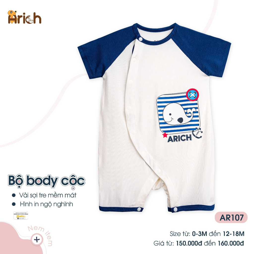 Body cộc cài lệch phối hình in đáng yêu Arich cho bé từ sơ sinh đến 18 tháng