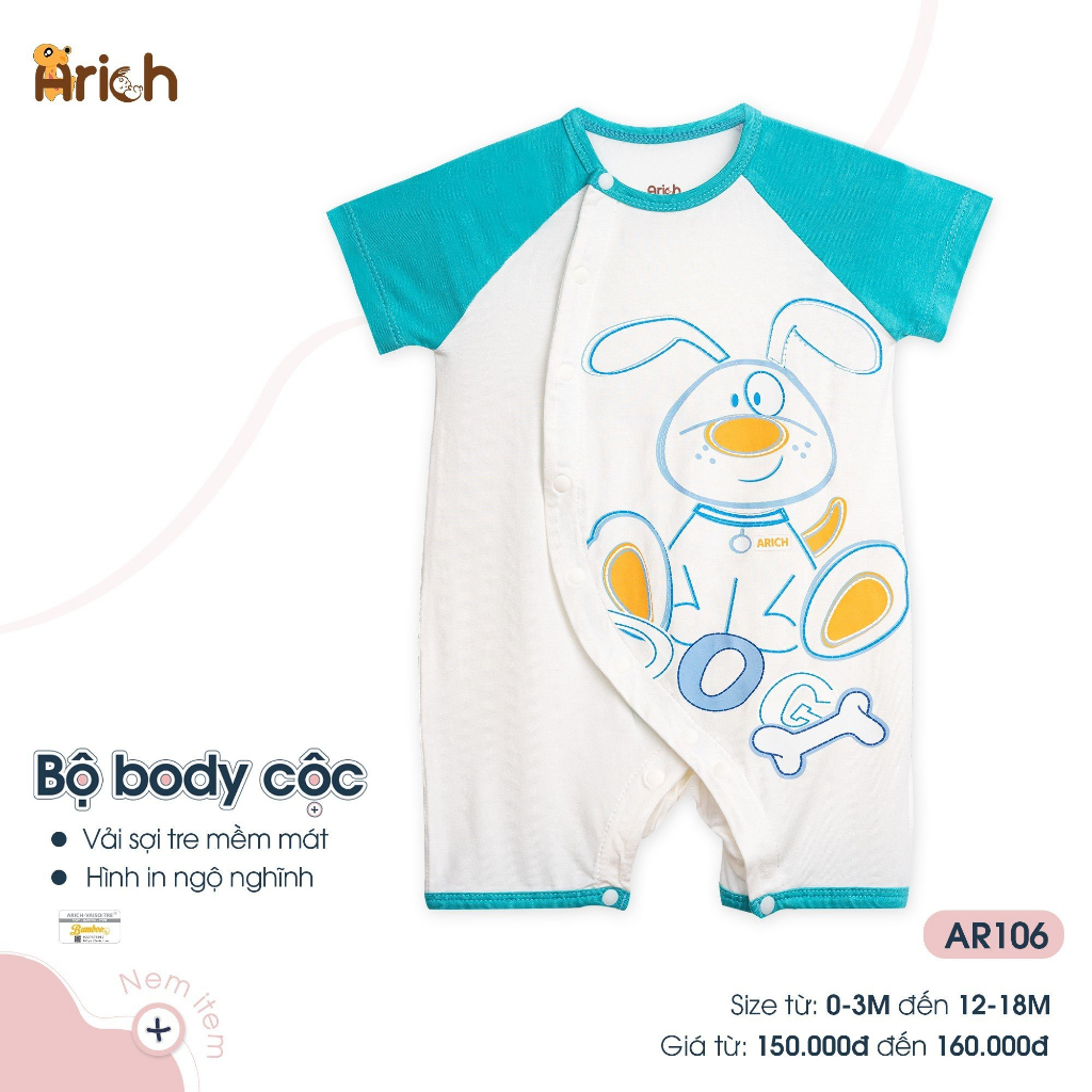 Body cộc cài lệch phối hình in đáng yêu Arich cho bé từ sơ sinh đến 18 tháng