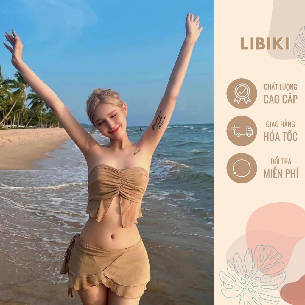 Set bikini chân váy, áo quây màu be nude Xoài Non hot trend - Libiki