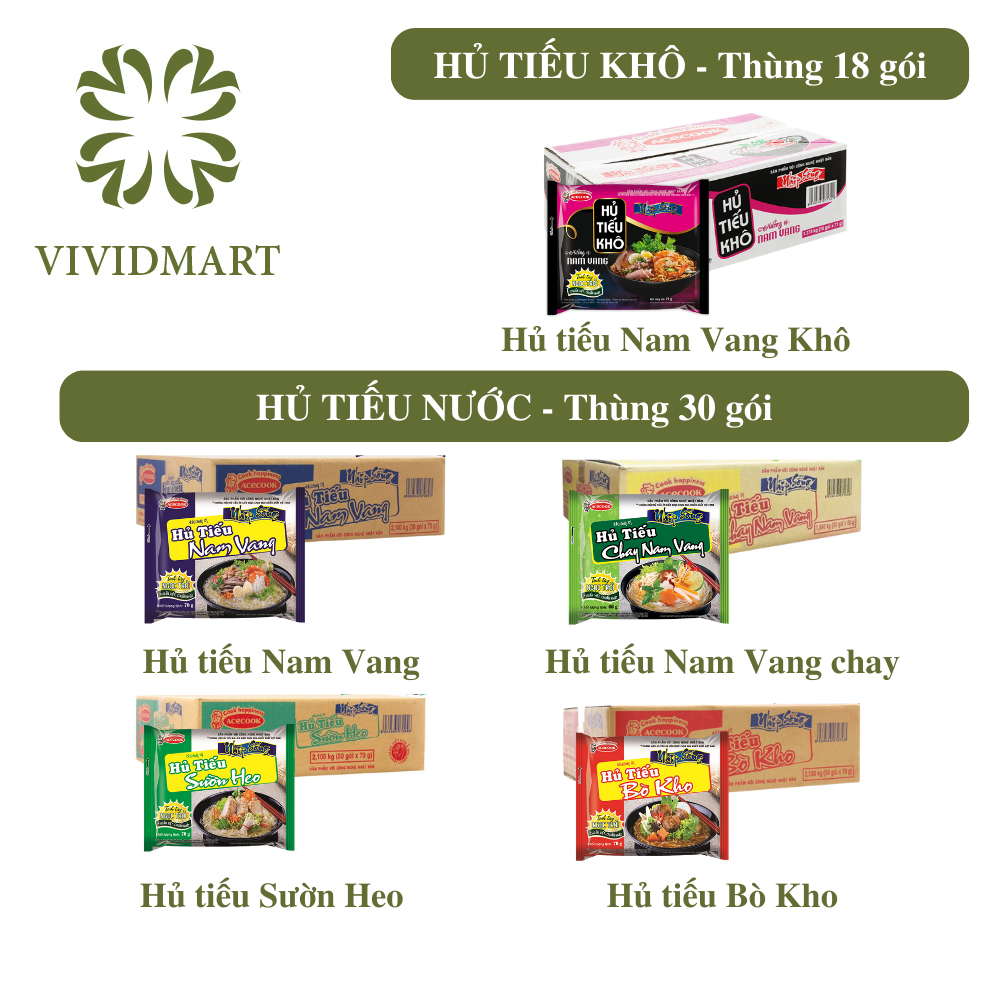 [THÙNG 18/30 GÓI] - ACECOOK - Hủ tiếu Nhịp Sống 5 vị: hủ tíu nam vang, nam vang CHAY, nam vang khô, bò kho và sườn heo