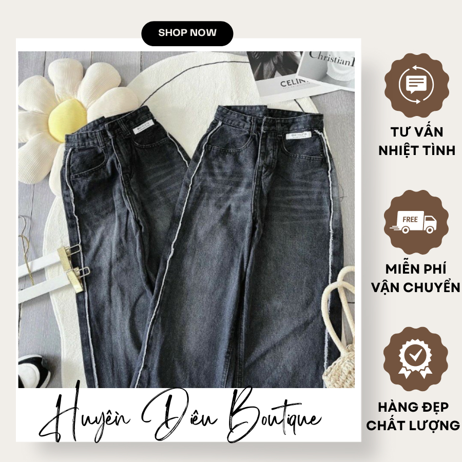 Quần Jean Nữ Ống Rộng Cạp Cao Màu Đen Viền 2 Bên Phong Cách Cá Tính Năng Động Mặc Đi Chơi Đi Làm