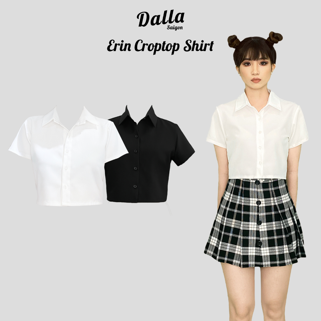 DALLA Áo sơ mi nữ trắng trơn tay ngắn croptop