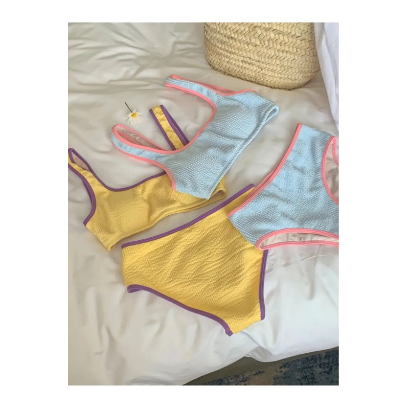 (M715-LiLyBikini) BIKINII HAI MẢNH XANH VIỀN HỒNG CÓ MÚT XỐP CO GIÃN