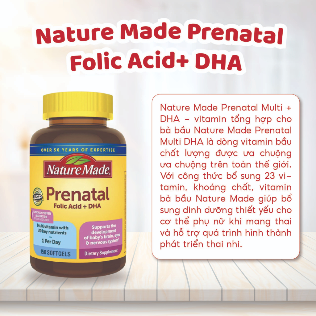 Vitamin tổng hợp cho mẹ bầu Nature Made Prenatal Folic Acid + DHA 150 viên của Mỹ