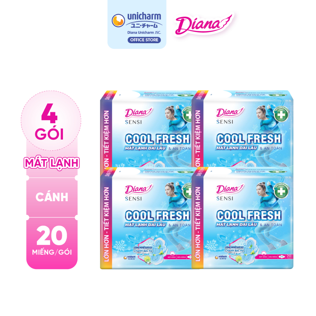 Bộ 4 băng vệ sinh Diana Sensi Cool Fresh siêu mỏng cánh gói 20 miếng