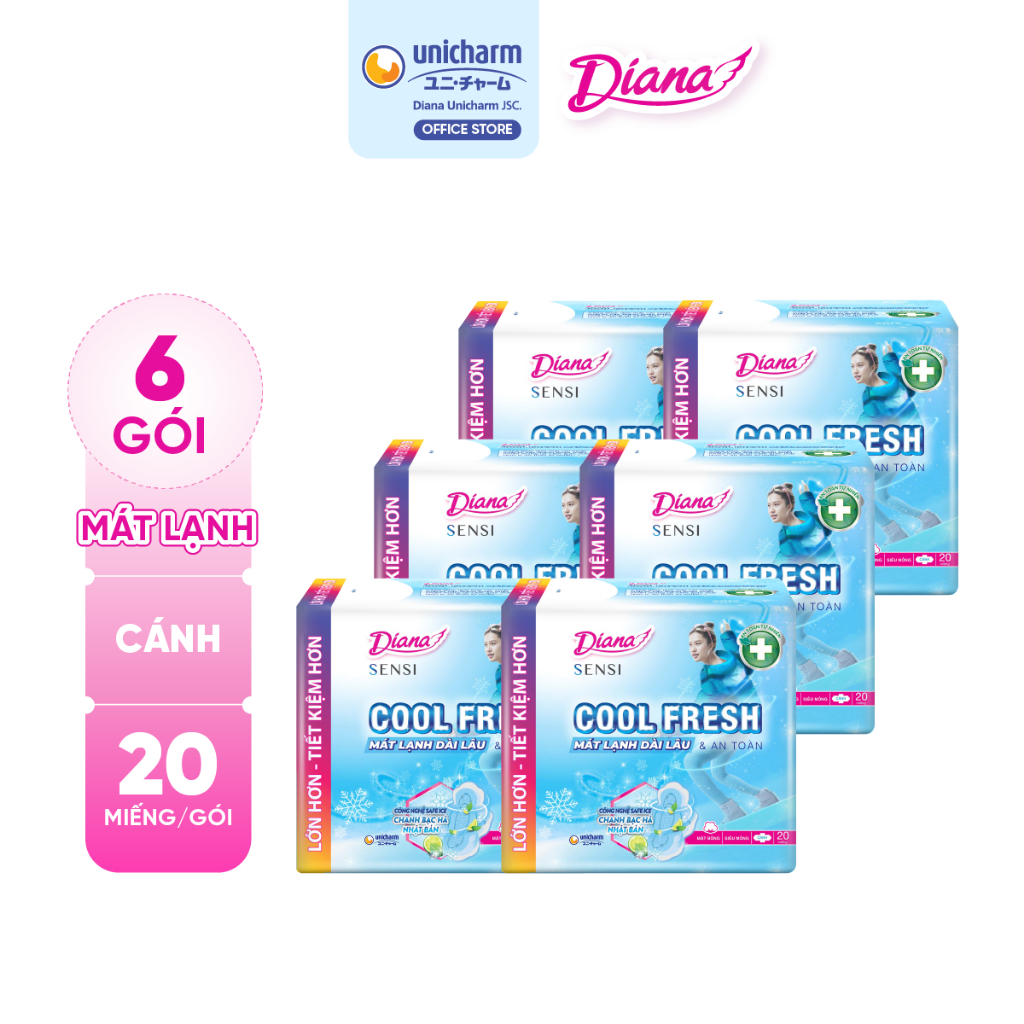 Bộ 6 băng vệ sinh Diana Sensi Cool Fresh siêu mỏng cánh gói 20 miếng