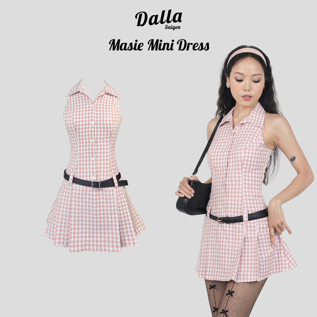 DALLA Đầm xếp ly cổ sơ mi caro (D16)