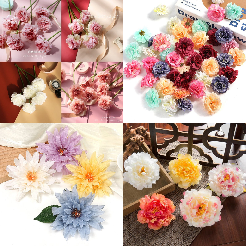Combo hoa hồng mẫu đơn, hoa baby, đầu bông hoa giả trang trí hộp quà theo yêu cầu