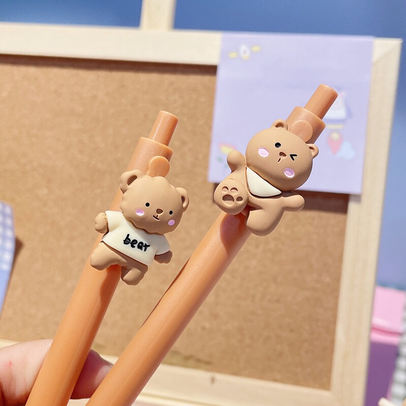 Bút Mực Gel Macaron Ngòi 0.5 mm Gắn Hình Dễ Thương Cho Học Sinh Gấu Mon