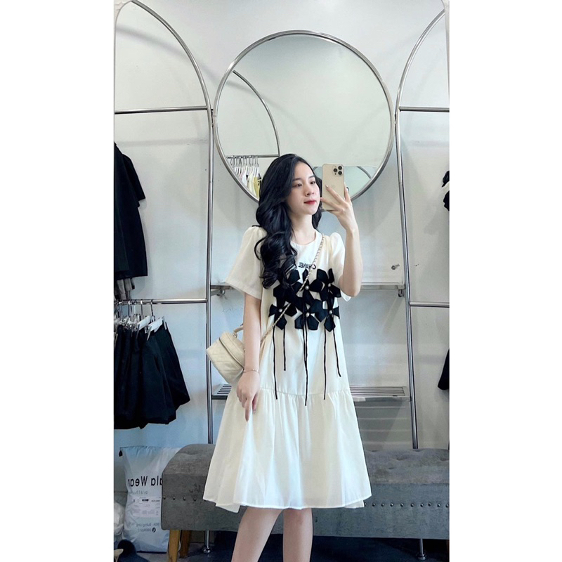 Váy Tơ Babydoll Đính Hoa Xinh Xắn  Đầm Đính Hoa Nổi Form Rộng