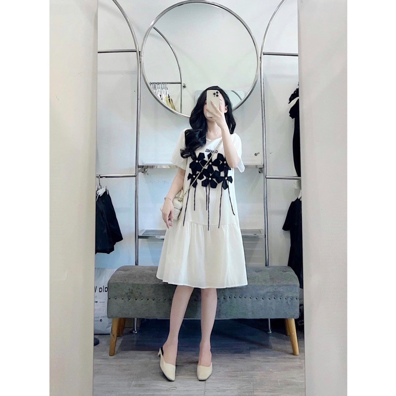 Váy Tơ Babydoll Đính Hoa Xinh Xắn  Đầm Đính Hoa Nổi Form Rộng