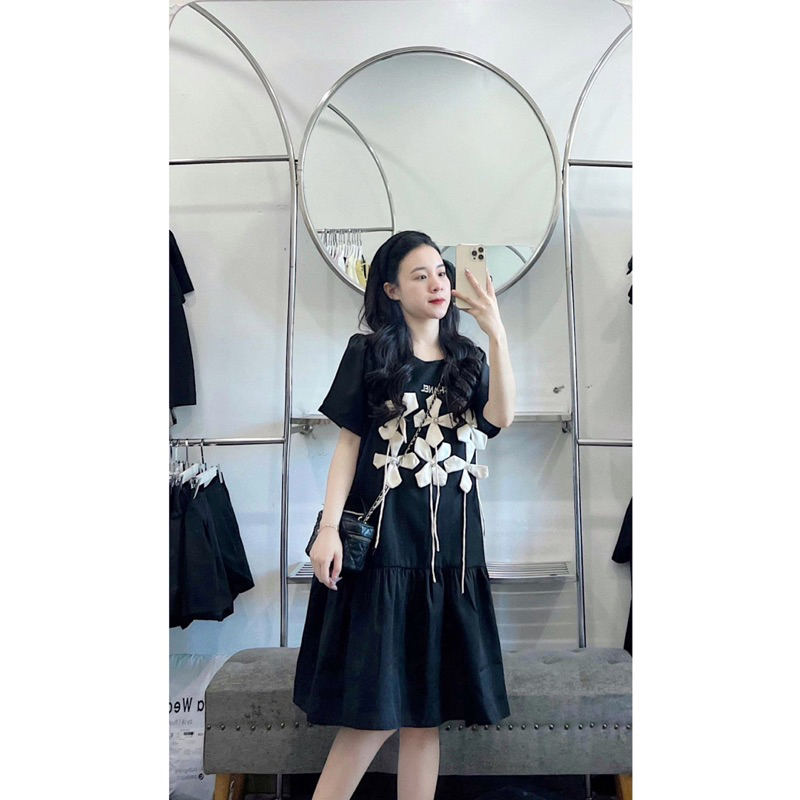 Váy Tơ Babydoll Đính Hoa Xinh Xắn  Đầm Đính Hoa Nổi Form Rộng