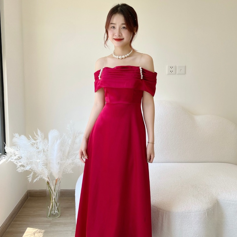 Đầm dự tiệc trễ vai xếp ly ngực chất liệu vải phi lụa Jiso BT255
