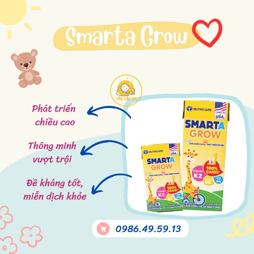 Lốc sữa pha sẵn Nutricare Smarta Grow (vị vani) dinh dưỡng cho trẻ thấp còi