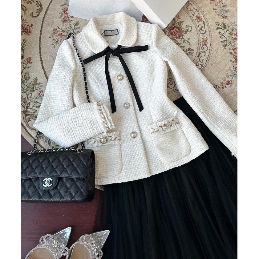 Áo dạ tweed ALENA Fashion áo khoác mùa đông nơ cổ phối chân váy xoè dáng dài tiểu thư đen phong cách Hàn Quốc trẻ trung