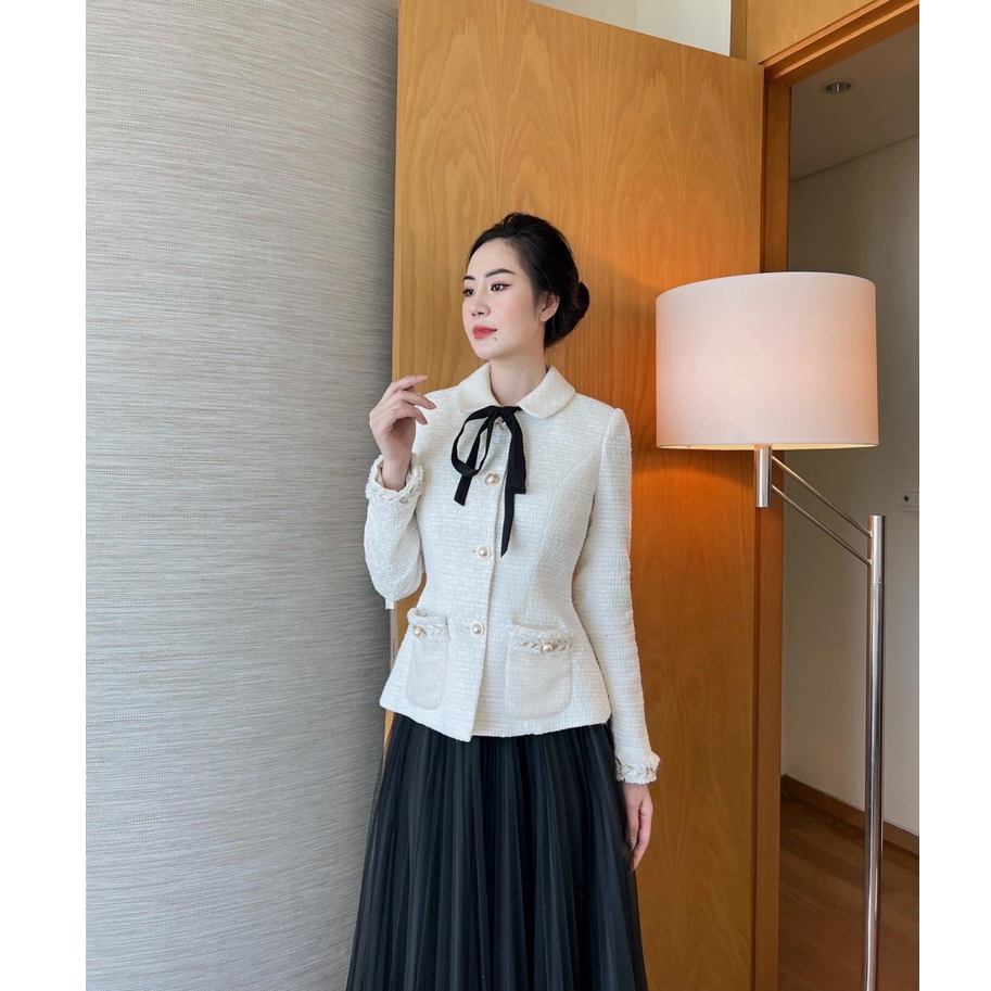 Áo dạ tweed ALENA Fashion áo khoác mùa đông nơ cổ phối chân váy xoè dáng dài tiểu thư đen phong cách Hàn Quốc trẻ trung