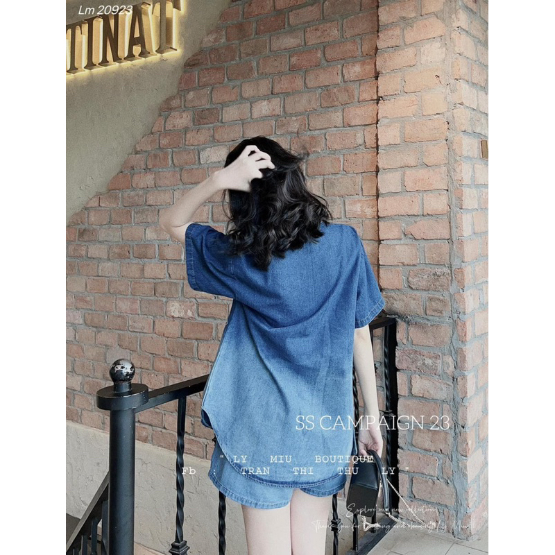 Set Bộ Sơ Mi Jeans Loang Pha Hoạ Tiết Chữ L V Mix Quần Sooc